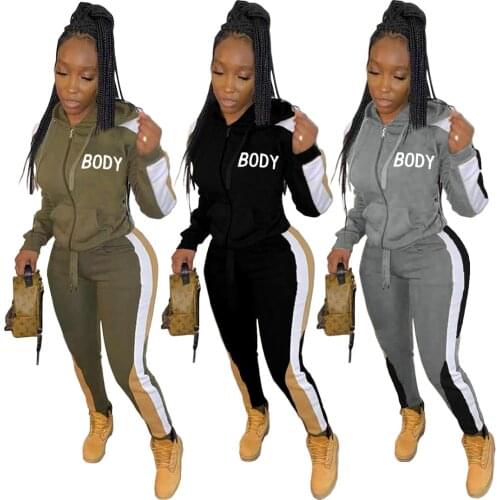 Body Letter Print Women Tracksuit Long Sleeve Zipper Hooded Sweatshirt Jacket + Drawstring Fitness Pant Sportswear Two Piece Set