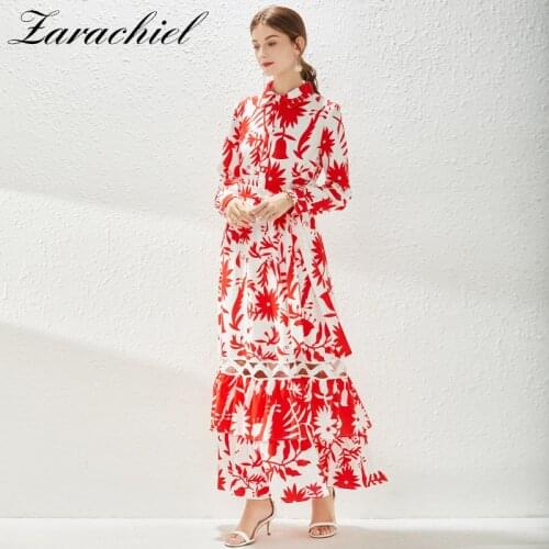 2021 Autumn Red Floral Print Holiday Maxi Dress Women Long Sleeve Single-Breasted Hollow Out Cascading Ruffles Lace Up Vestidos