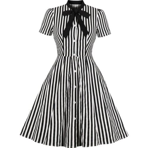 Black Striped Bowknot Retro Dress Short Sleeve Button Rockabilly Vintage Dress Party Vestidos Ladies Cotton Office Work Dress