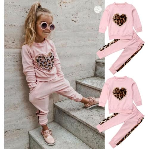 Toddler Kids Baby Girl Winter Warm Clothes Leopard Heart Shape Pullover Tops Long Leggings Pants Outfits Tracksuit Clothes Set