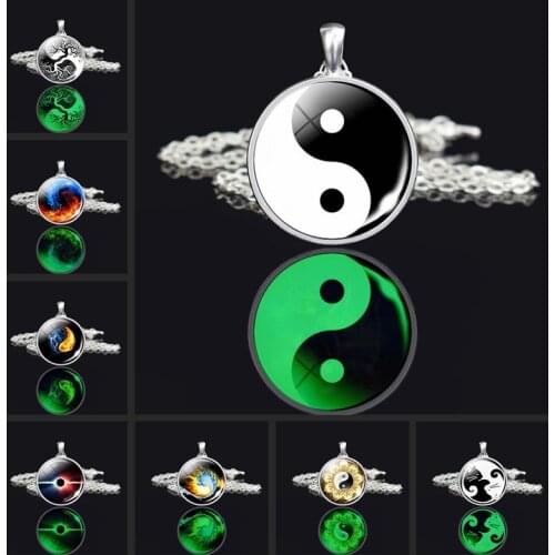 1pc Yin Yang Taichi Symbols Luminous Pendant Necklace Glass Dome Cabochon Jewelry Glowing Silver Color Necklaces Women Gifts