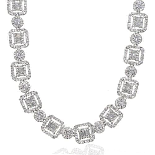 2020 New Baguette Cluster Tennis Chain Necklace Silver Color Baguette And Cluster Link CZ Iced Bling Chain Choker For Man Women
