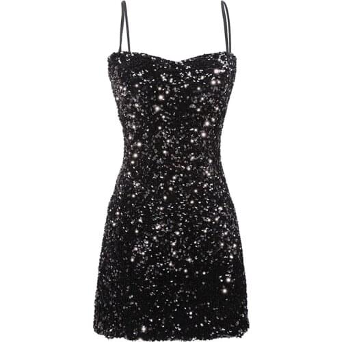 PERHAPS U Black Solid Spaghetti Strap Sequined Mini Dress Sleeveless Party Sexy D1552