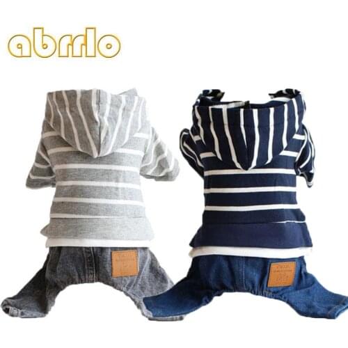 Abrrlo Winter Pet Dog Clothes Denim Overalls Warm Jean Striped Jumpsuits Pants For Dogs Puppy Clothing French Bulldog Pug XS-XXL
