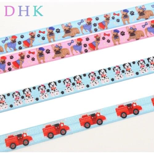 DHK 5/8'' 5yards japan cartoon dog fire truck printed Fold Elastic FOE stretch ribbon hairbow headwear headband DIY OEM E1628