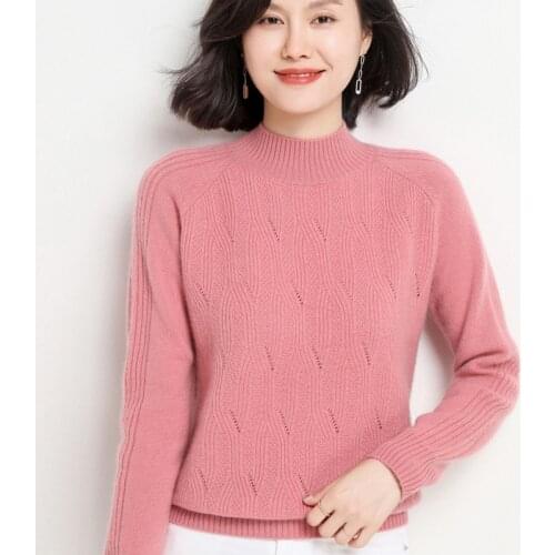 FRSEUCAG 100% pure wool sweater womens new half high neck pullover loose full-sleeve hollow knit cashmere sweater Home Type