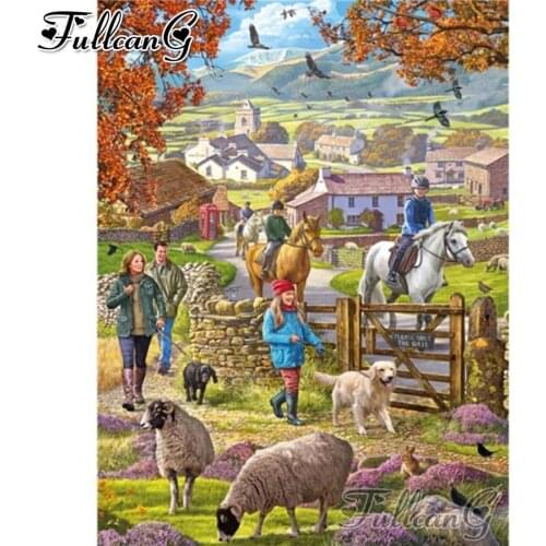 FULLCANG Country life 5d diy mosaic diamond painting full square round rhinestone embroidery Dog and lamb decoration FC2716