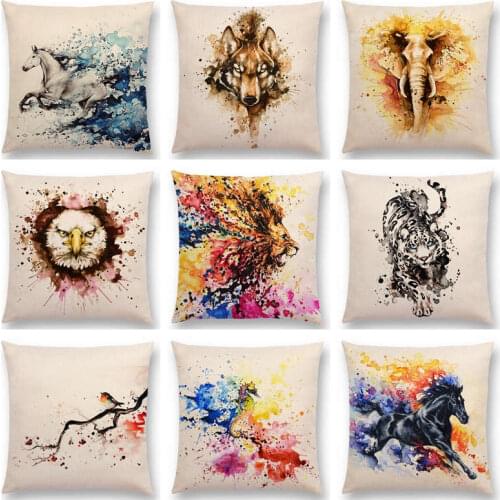 Hot Sale Animals Watercolor Art Painting Fine Horse Eagle Wolf Lion Leopard Tiger Elephant Birds Cushion Decor Sofa Throw Pillow