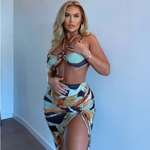 Hirigin 2021 Summer Women Tie Dye Print 2 Piece Halter Crop Top Drawstring Ruched Mini Skirt Set Lace Up Bodycon Sexy Streetwear