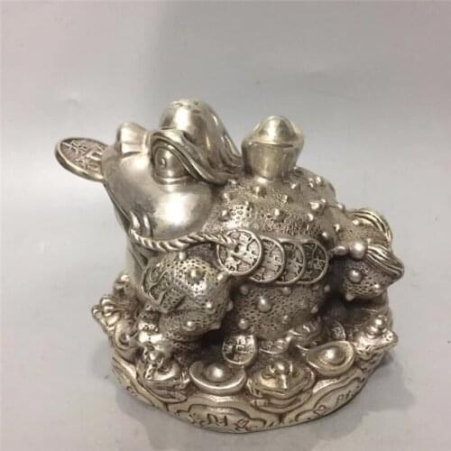 Chinese Tibet Silver Bronze Carving Golden Toad Animal Statue Wealth Fortune Good Luck Geomancy Home Decoration