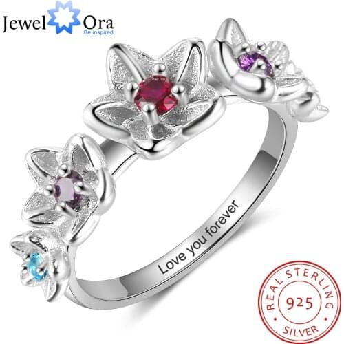 JewelOra 925 Sterling Silver Personalized DIY Birthstone Rings for Women Inside Engraving Flower Ring Silver Fine Jewelry