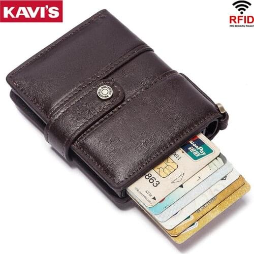 KAVIS Crazy Horse Leather Credit Card Holder Wallet Men Aluminum Pop Up Cardholder Rfid Case Big Creditcard Holder Coin Purse