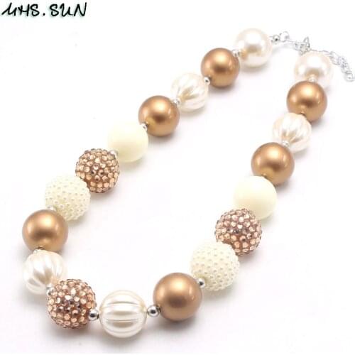 MHS.SUN Gold/White Chunky Beads Necklace Fashion Girls Kids Bubblegum Beads Necklace Child Toddler Party Jewelry Gift 1Pcs