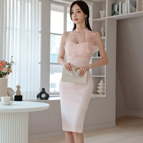 Fashion Korean Vintage Stand Neck Sleeveless Midi Party Club Dress Ladies OL Elegant Sexy Mesh Perspective Bodycon Split Dress