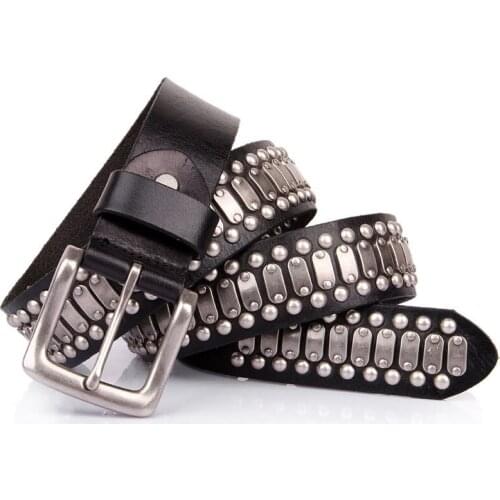 Mens Belt Genuine Cowhide Belt Hip-Hop Personality Mens Rivet Belt 100% Genuine Leather Pin Buckle Belt