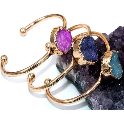 Wholesale 6pc/lot Natural agates druzys crystal amethysts blue open bracelet bangle joker youth girls style golden plating