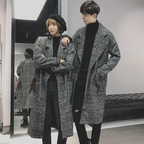 Autumn Korean Style Mens Woolen Coat Wool Blends Coats Checks Casual Overcoat Long Turn-down Collar Plaid For Male C6
