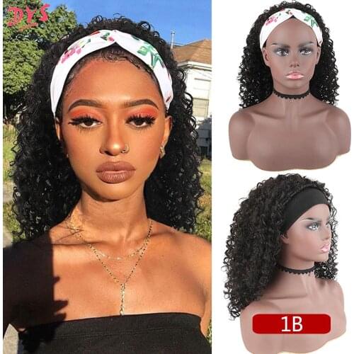 Headband Wigs Afro Kinky Curly Wig Synthetic Natural Wig for Black Women Full Wig with Head Wrap 2 in 1 Wigs Heat Resistant