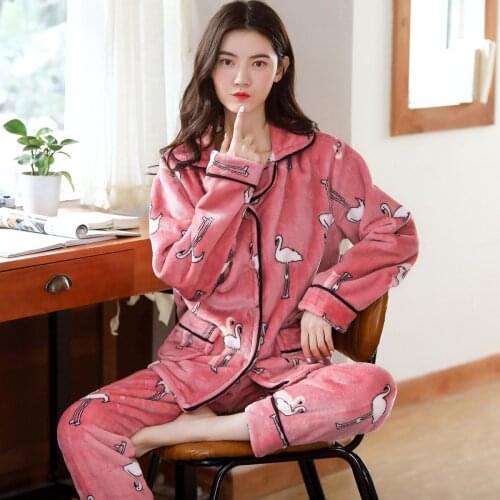 Thicken Warm Sleepwear Sets For Women Lovely Birds Pattern Pajamas Flannel Long Sleeve Home Wear Printed Pyjamas Femme Pijama
