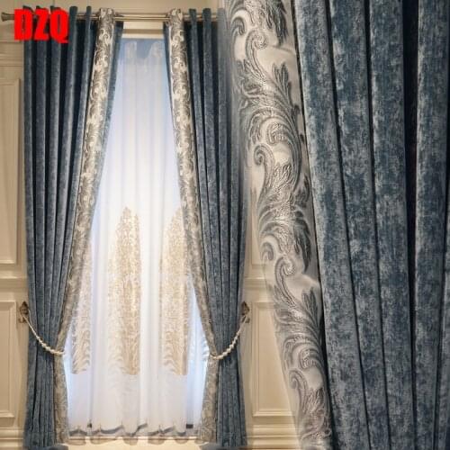 Custom curtains American Modern high-grade chenille bedroom simple cashmere blue cloth blackout curtain tulle drape