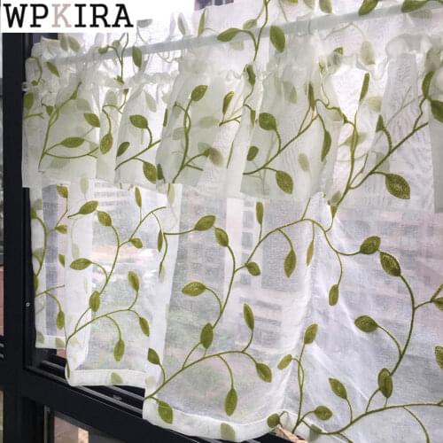 Rustic Green Leaves Sheer Short Curtain Double Layer Small Window Kitchen Coffee Cupboard Porch Partition Half Drape 072S#D