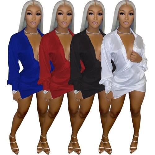 Sexy Deep Wrap V Neck Shirts Mini Women Dress 2021 Elegant Turn-Down Collar Long Sleeve Bodycon Club Party Dresses Robe Femme