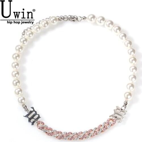 Uwin Pearl With 9mm Cuban Chain Choker Stainless Steel Old English Letters Charm Short Necklace