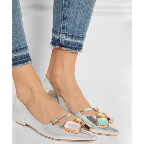 Spring Ladies Gemstone Flats Pointed Toe Silver Mirror Leather Ankle Strap Patent Leather Strap Buckle Loafers Leisure Shoes