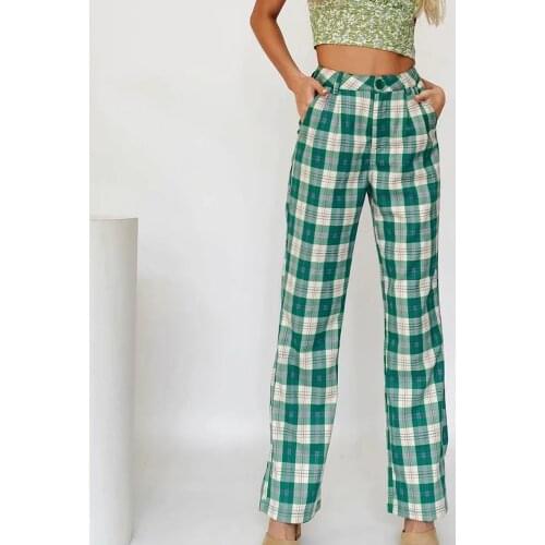 Vintage Plaid Pants grid Pantalon Women High Waist Plus Size Wide Leg trousers Casual Female Korean Houndstooth Slacks Harajuku