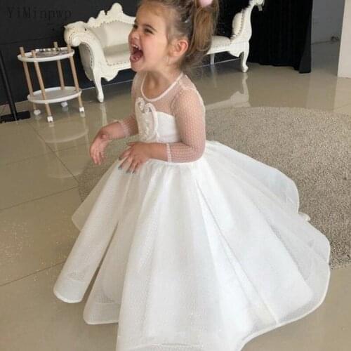 YiMinpwp Flower Girl Dresses for Weddings O Neck 3/4 Long Sleeve Sweep Train Appliques Beads Child Girls Birthday Party Gown