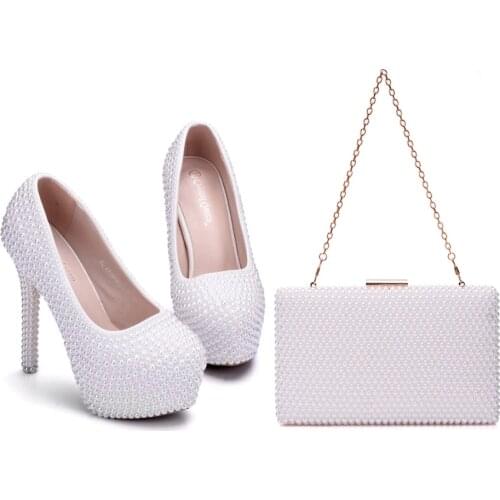 Crystal Queen New White Pearl Wedding Shoes With Matching Bags Women High heel Platrorm Shoes Woman High Pumps 14CM Heels