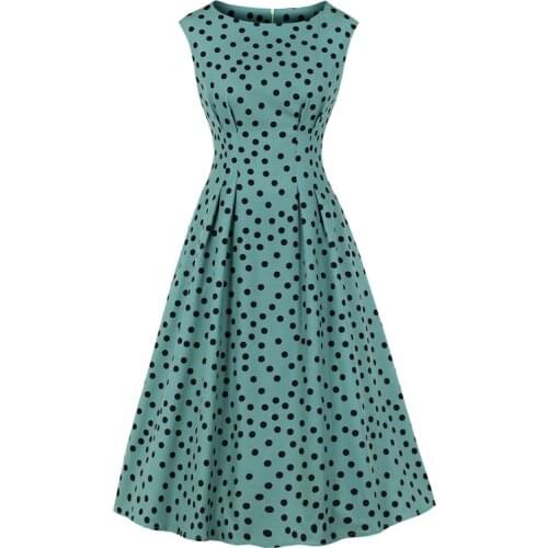 2021 Vintage Polka Dot High Waist Slim Runway Midi Dresses Women Sleeveless O-Neck Pockets Summer Casual Elegant Dress