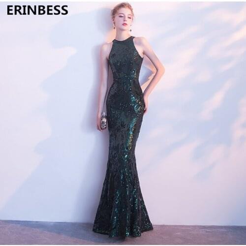 Vestido De Festa Mermaid Evening Dresses Long O-Neck Long Dress Floor-Length Dark Green Sequined Evening Dress 2020 Party Gowns