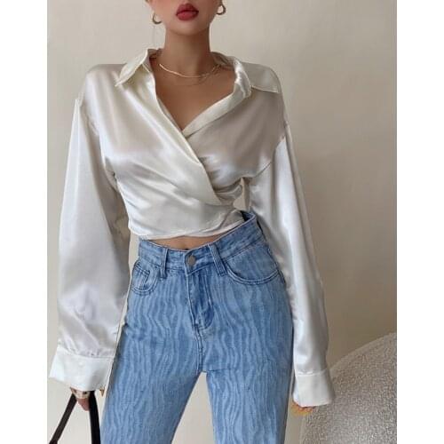 2021 Fashion Sexy Satin Shirt Womens 2021 Y2K Fall Long-sleeved Cross-Tie Black Solid Turn Down Collar Blouses Female Tops T022