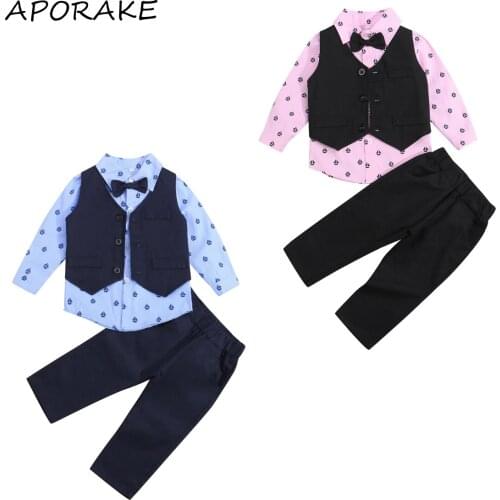 2021 0-5Y Kids Boy Gentleman Clothing Single-Breasted Waistcoat+Bow-tie Sailboat Print Long Sleeves Shirt+Trousers Autumn 3pcs