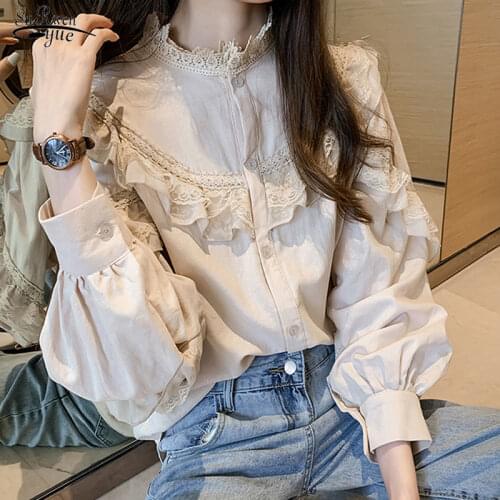 2021 Blusas Casual Women Tops and Blouses Lace Blouse Vintage Women Autumn Lantern Long Sleeve Top Elegant Loose Shirt Fashion