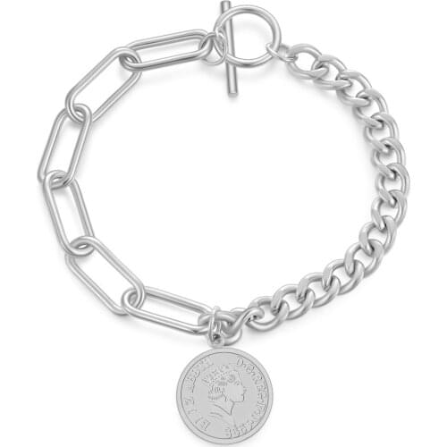 Elizabeth Coin Bracelet Stainless Steel Chain Link Bangles Toggle Clasp Wristband for Woman Girl Fashion Jewelry
