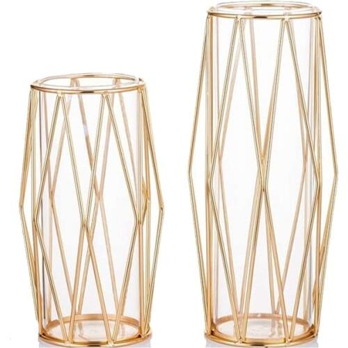 Vase Decorations for Living Room Glass Vase with Metal Rack Stand, Vases for Wedding Home Office-Golden