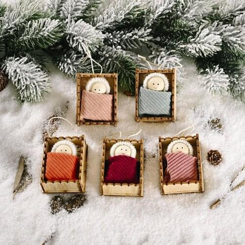 Wooden Doll Box Christmas Tree Hanging Mini 7x7cm Square Pendants Drop Ornaments Xmas Decoration Play Kids 2021 New Year Gift