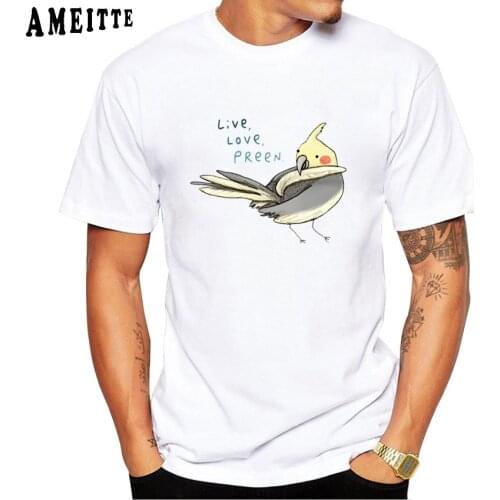 Live Love Preen Print T-Shirt Summer Mens Fashion T-shirt Funny Cockatiel Bird Design Casual Tee Shirts Hipster Cool Boy Tops