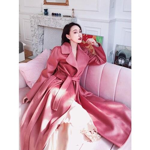 Icing sugar large skirt long silk water ripple double-faced cashmere coat