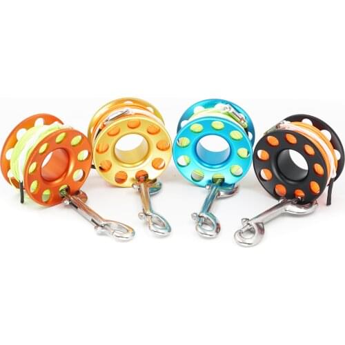 Scuba Diving Spool Finger Reel Aluminum with Flat Line Snap Bolt 15m 49ft 30m for Underwater Cave Dive or Fishing