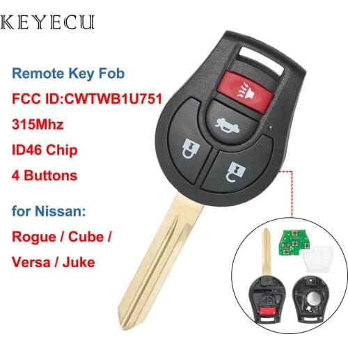 Keyecu CWTWB1U751 Remote Car Key Fob 4 Buttons 315Mhz ID46 for Nissan Rogue Versa Tiida 2008 2009 2010 2012 2013 2014 2015 2016
