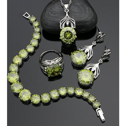 925 Sterling Silver Jewelry Set Olive Green Cubic Zirconia Bracelet Pendant Necklace Ring Earrings Party Jewelry