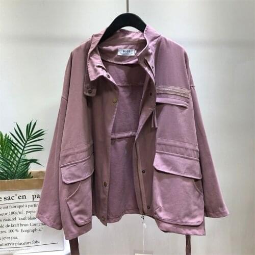 Korean Womens Jacket Loose Coat Lace up Zipper Big Pocket Long sleeve Bomber Jacket Female Fashion Plus Size Jackets Outerwear