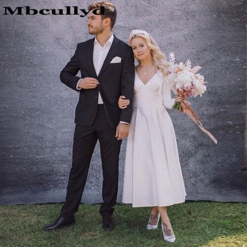 Mbcullyd White V-neck Satin Wedding Dress Vintage Long Sleeves 1950S Tea Length Boho Wedding Dress Cheap Sale Beach Bridal Gowns