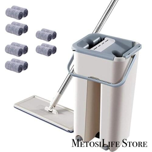 MetosiLife Foldable Flat Mop and Buckets Set with 12 Squeegee Mop Pads Wash and Dry Flat Mop Self Cleaning System Floor