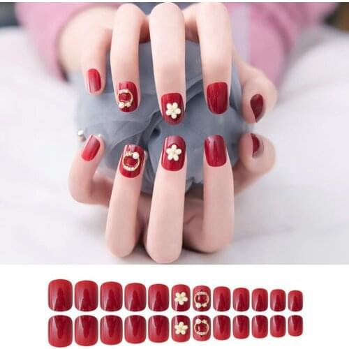 Fake Nails Burgundy Flower Short Wearing Nail Stickers Finished Nails 24pcs With Glue All-matched Nail Sticker