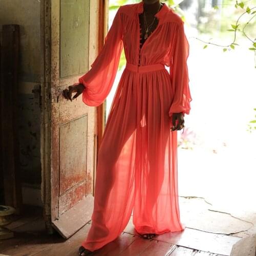 2021 new solid color long-sleeved chiffon wide-leg jumpsuit womens seaside beach vacation jumpsuit