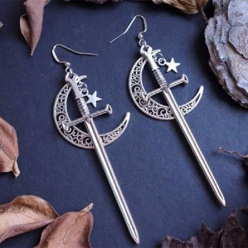 New Gothic Moon Sword Earrings Long Witchy Medieval Viking Alternative Goth Boho Jewelry Creativity Punk Fashion Women Gift